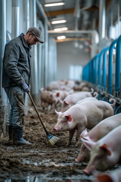 Escena fotorrealista de una granja de cerdos con animales