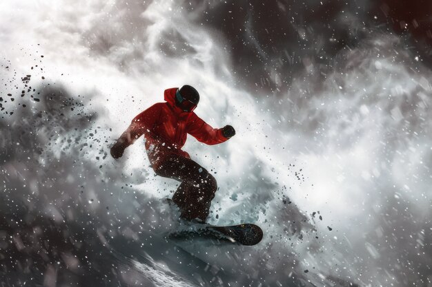 Escena fotorrealista de invierno con personas haciendo snowboard