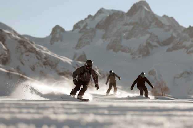 Escena fotorrealista de invierno con personas haciendo snowboard