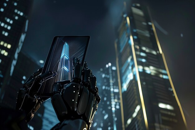 Escena futurista con un robot de alta tecnología utilizado en la industria de la construcción