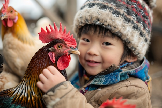 Foto gratuita escena de una granja de pollos con aves de corral y personas