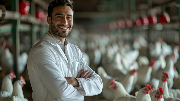 Escena de una granja de pollos con aves de corral y personas