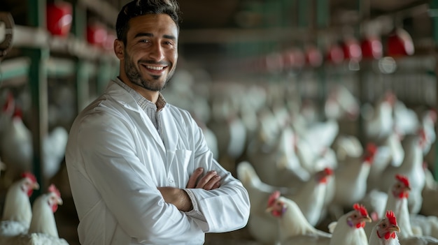 Escena de una granja de pollos con aves de corral y personas