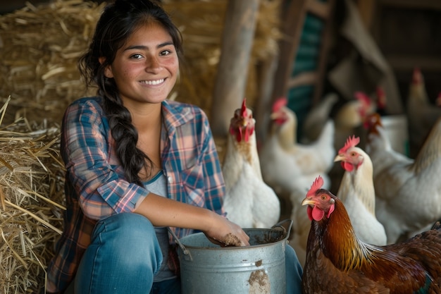 Escena de una granja de pollos con aves de corral y personas