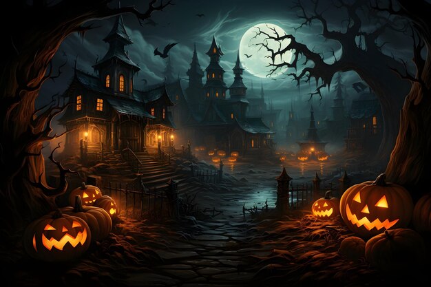 escena de halloween con calabazas, murciélagos y luna llena