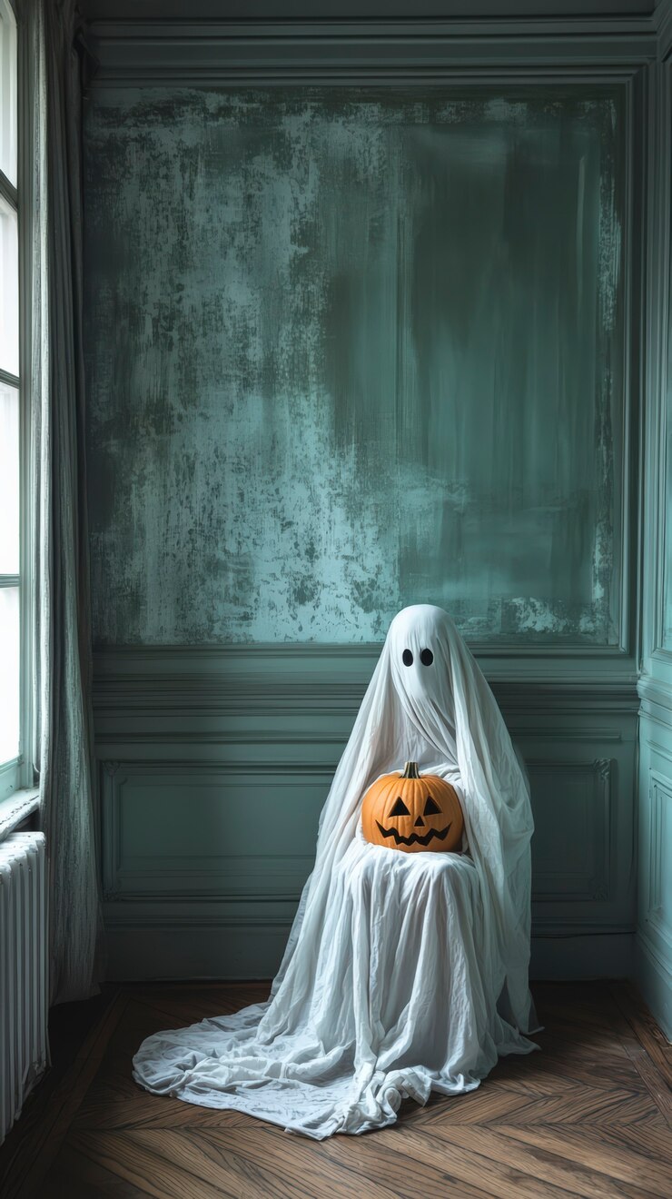 Foto gratuito escena de halloween de estilo oscuro con fantasmas y calabazas