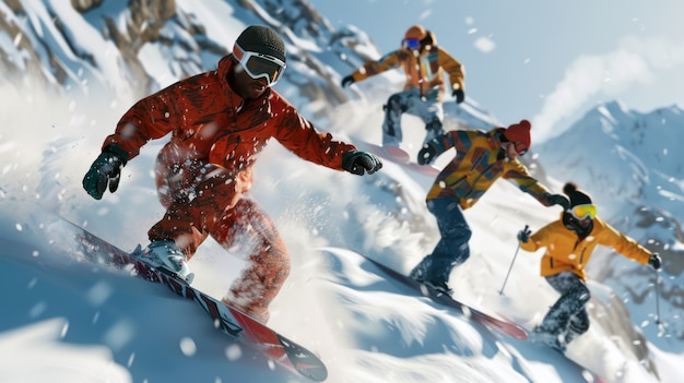 Escena de invierno con personas haciendo snowboard