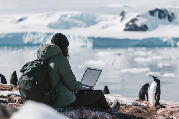 Foto gratuita escena con jóvenes diversos siendo nómadas digitales y trabajando remotamente desde lugares de ensueño