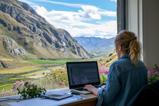 Escena con jóvenes diversos siendo nómadas digitales y trabajando remotamente desde lugares de ensueño