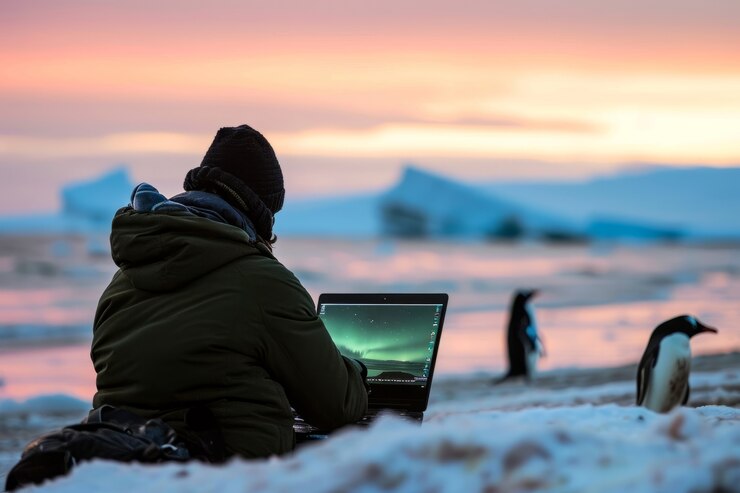 Foto gratuito escena con jóvenes diversos siendo nómadas digitales y trabajando remotamente desde lugares de ensueño