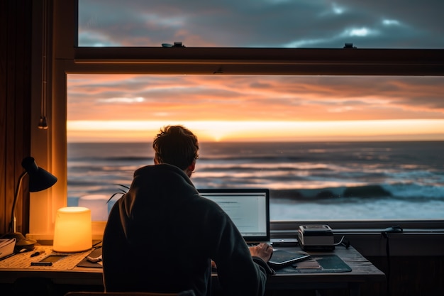 Escena con jóvenes diversos siendo nómadas digitales y trabajando remotamente desde lugares de ensueño