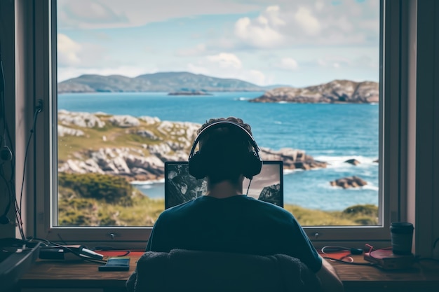 Foto gratuita escena con jóvenes diversos siendo nómadas digitales y trabajando remotamente desde lugares de ensueño