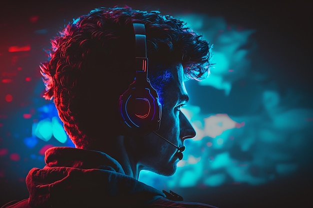 Foto gratuita escena de jugador profesional de esports en perfil coloreado con ai generativo de luz roja y azul