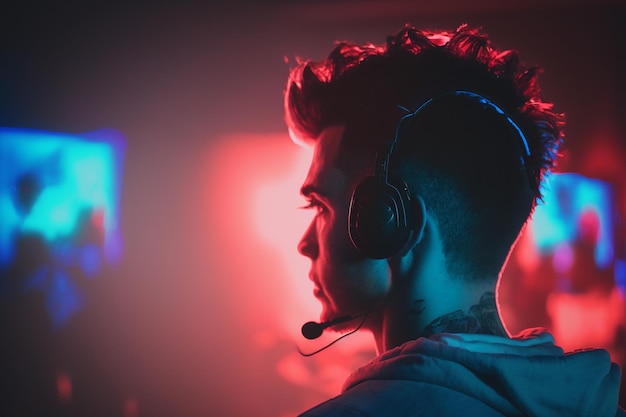 Foto gratuita escena de jugador profesional de esports en perfil coloreado con ai generativo de luz roja y azul