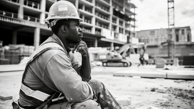 Escena monocromática que representa la vida de los trabajadores en un sitio de la industria de la construcción