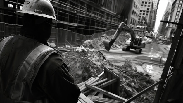 Foto gratuita escena monocromática que representa la vida de los trabajadores en un sitio de la industria de la construcción