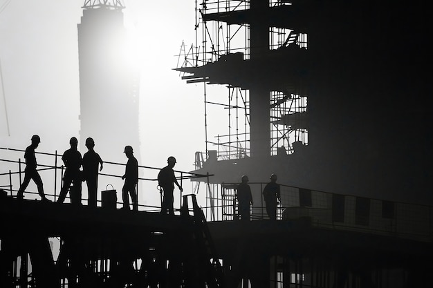 Escena monocromática que representa la vida de los trabajadores en un sitio de la industria de la construcción