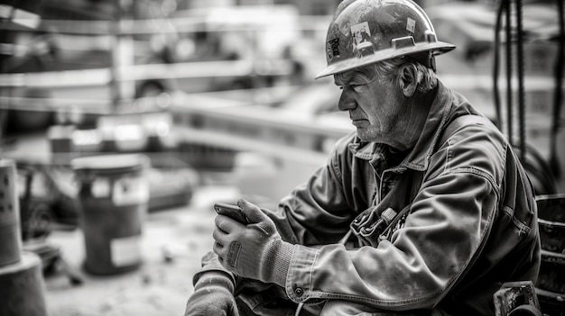 Escena monocromática que representa la vida de los trabajadores en un sitio de la industria de la construcción