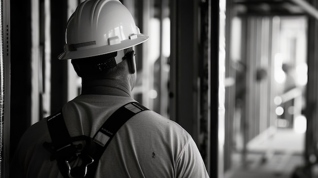 Escena monocromática que representa la vida de los trabajadores en un sitio de la industria de la construcción