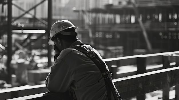 Escena monocromática que representa la vida de los trabajadores en un sitio de la industria de la construcción