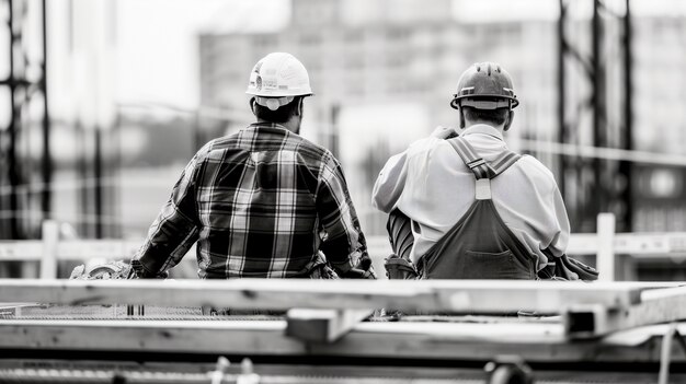 Foto gratuita escena monocromática que representa la vida de los trabajadores en un sitio de la industria de la construcción