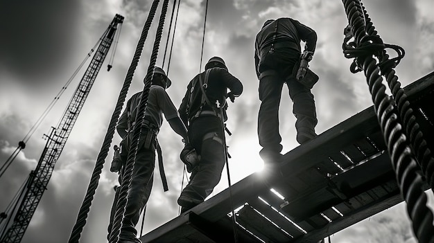 Escena monocromática que representa la vida de los trabajadores en un sitio de la industria de la construcción