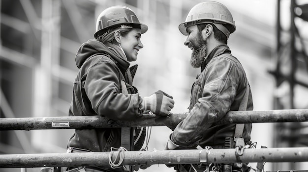 Escena monocromática que representa la vida de los trabajadores en un sitio de la industria de la construcción