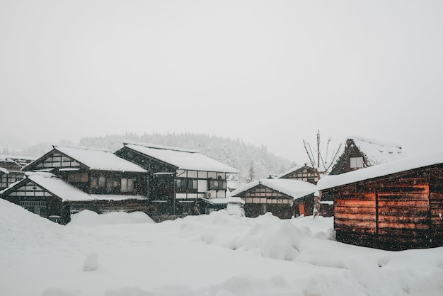 Escena nevada en un pueblo durante el invierno.