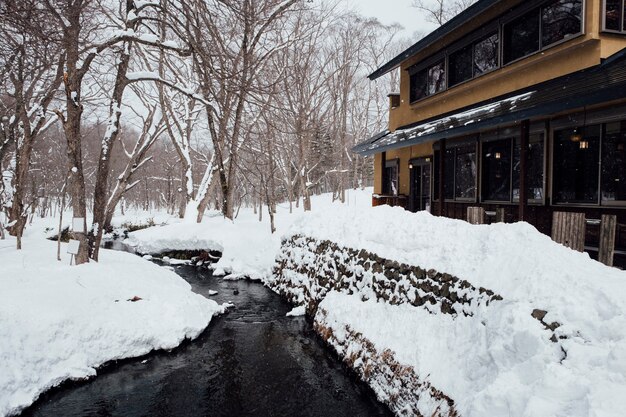 escena de nieve y hotel