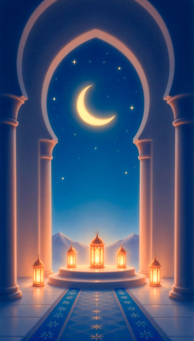 Escena nocturna serena con linternas y ilustración de luna creciente