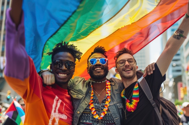 Escena de orgullo con colores de arco iris y hombres celebrando su sexualidad