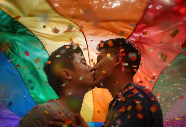 Escena de orgullo con colores de arco iris y hombres celebrando su sexualidad