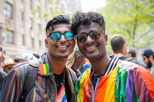 Escena de orgullo con colores de arco iris y hombres celebrando su sexualidad