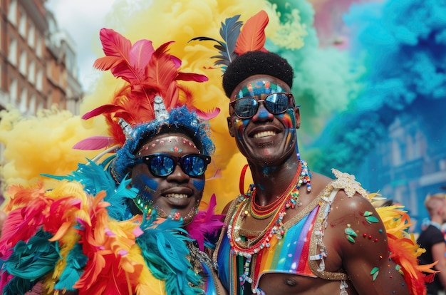 Escena de orgullo con colores de arco iris y hombres celebrando su sexualidad