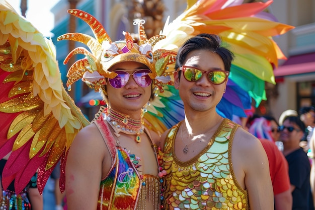 Escena de orgullo con colores de arco iris y hombres celebrando su sexualidad