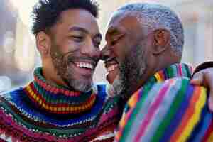 Foto gratuita escena de orgullo con colores de arco iris y hombres celebrando su sexualidad