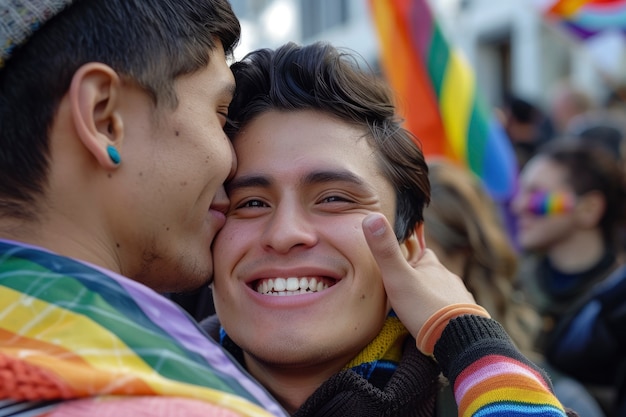 Escena de orgullo con colores de arco iris y hombres celebrando su sexualidad