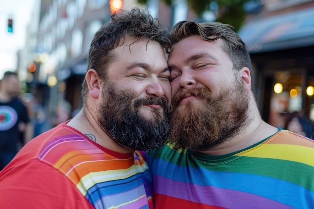 Escena de orgullo con colores de arco iris y hombres celebrando su sexualidad