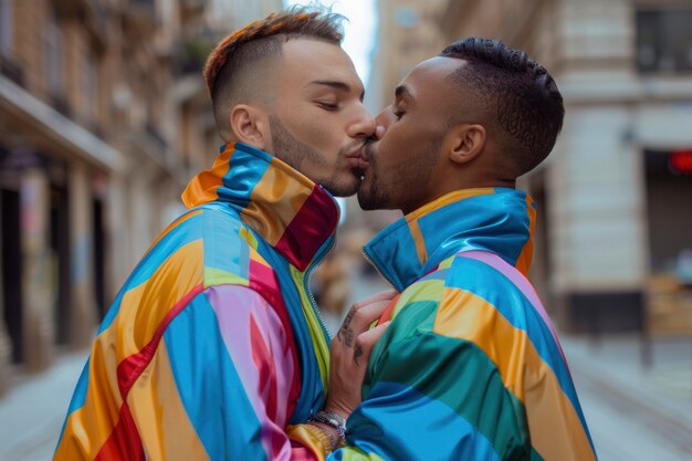 Escena de orgullo con colores de arco iris y hombres celebrando su sexualidad
