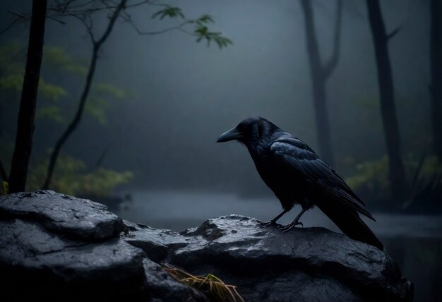 Escena oscura de un cuervo en la naturaleza