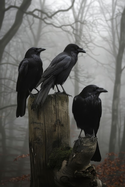 Escena oscura de cuervos al aire libre