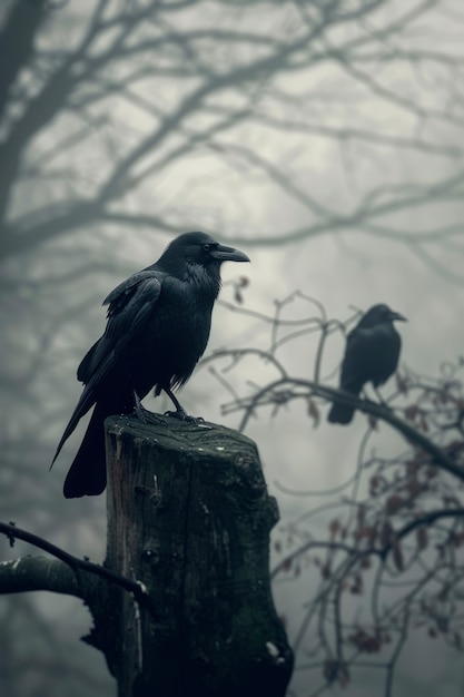 Escena oscura de cuervos al aire libre