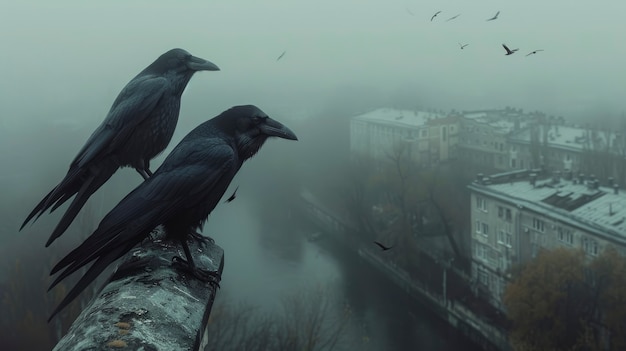 Escena oscura de cuervos al aire libre