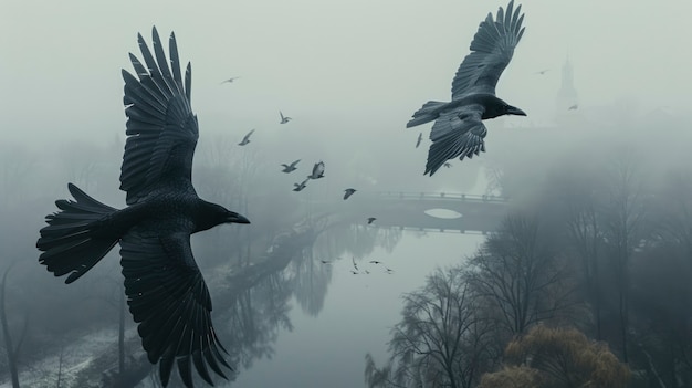 Escena oscura de cuervos al aire libre