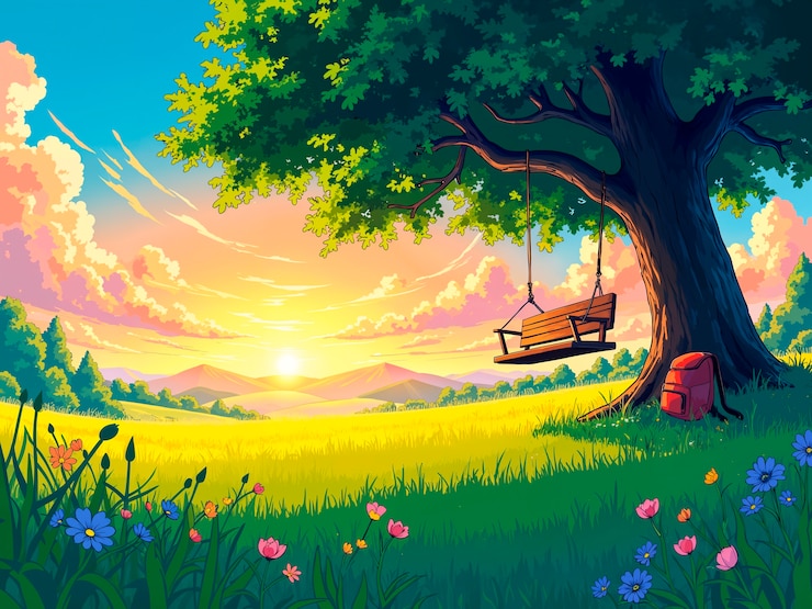 Foto gratuito una escena pacífica en un prado con un columpio bajo un árbol al atardecer