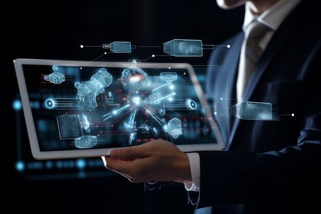 Escena con una persona de negocios trabajando en un trabajo de oficina futurista