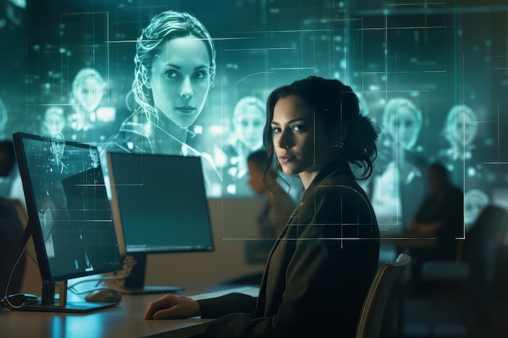 Foto gratuito escena con una persona de negocios trabajando en un trabajo de oficina futurista