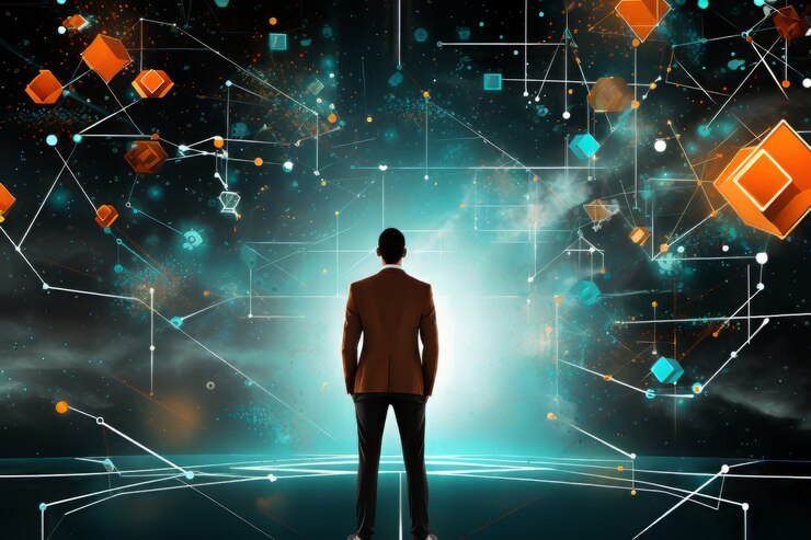Foto gratuito escena con una persona de negocios trabajando en un trabajo de oficina futurista