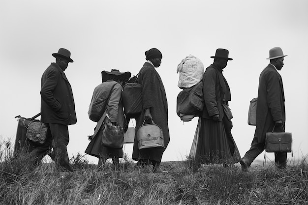 Escena con personas afroamericanas moviéndose en el área rural en los viejos tiempos