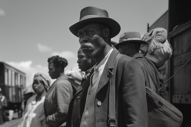 Foto gratuita escena con personas afroamericanas moviéndose en el área rural en los viejos tiempos